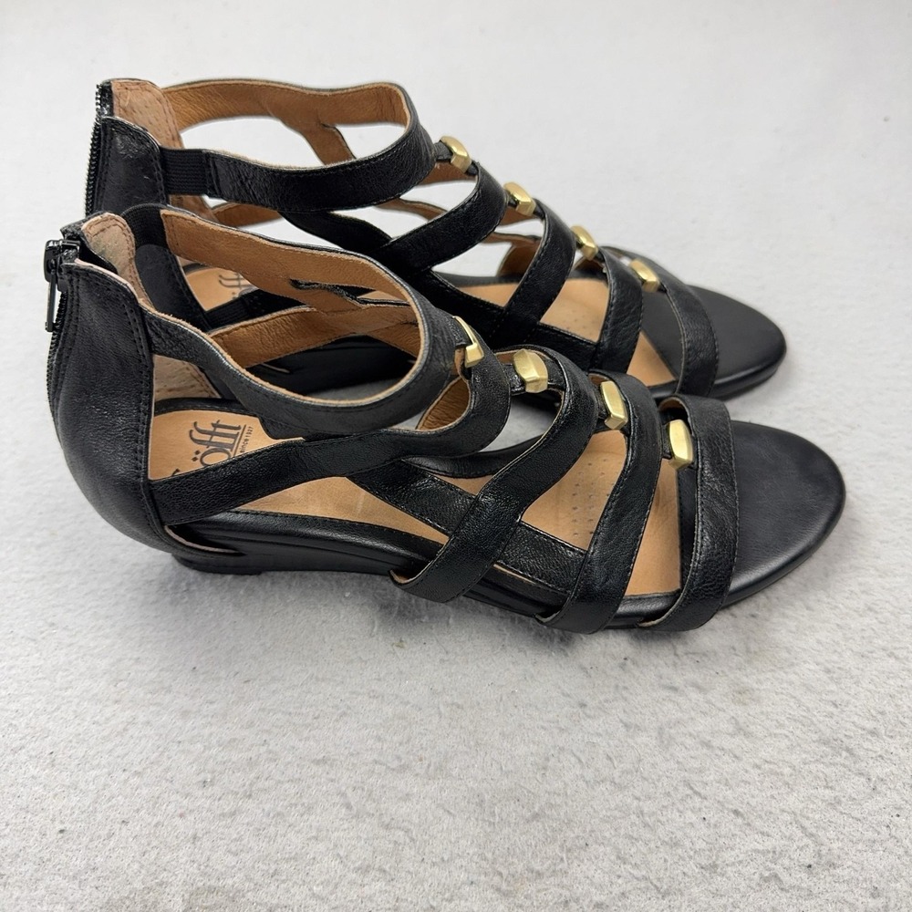 Sofft Gladiator Sandals Shoes Womens Size 8.5 Black Leather Studded Wedge